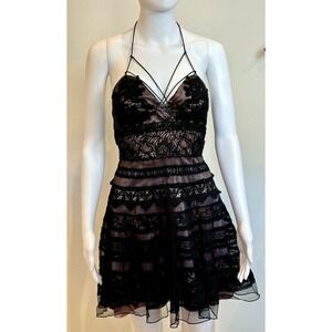 Bebe Black Lace Leather Halter Babydoll Dress Open Back XXS Whimsigoth Fairy Y2K